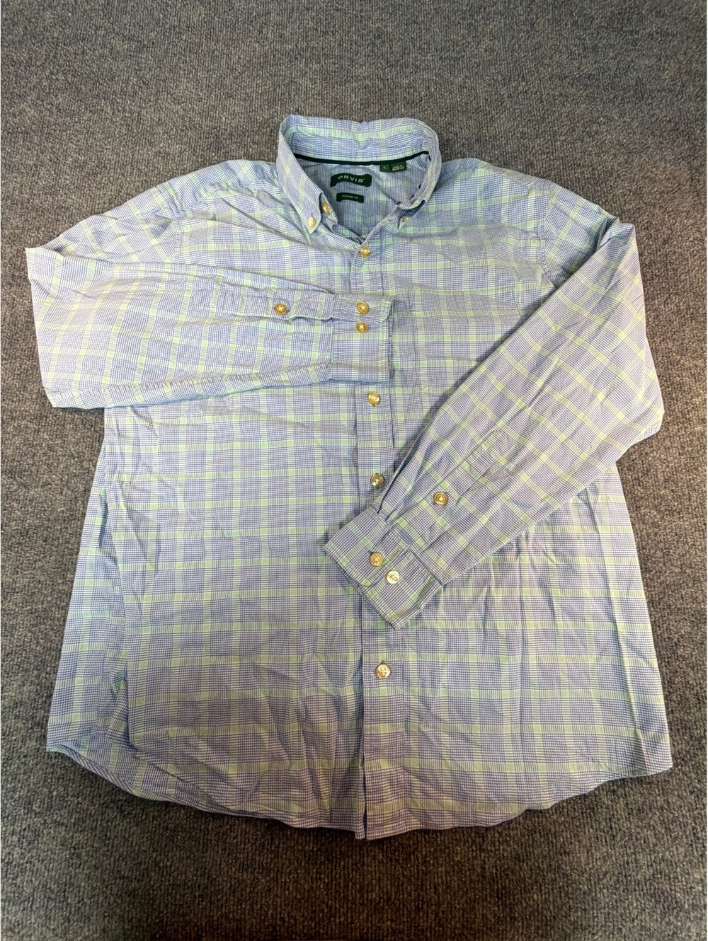 Orvis mens button down shirt Sz L Classic Fit Plaid blue and green